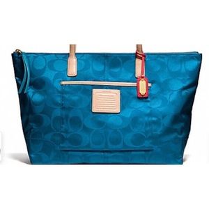 Coach Weekend Signature Zip Top Teal Tote EUC